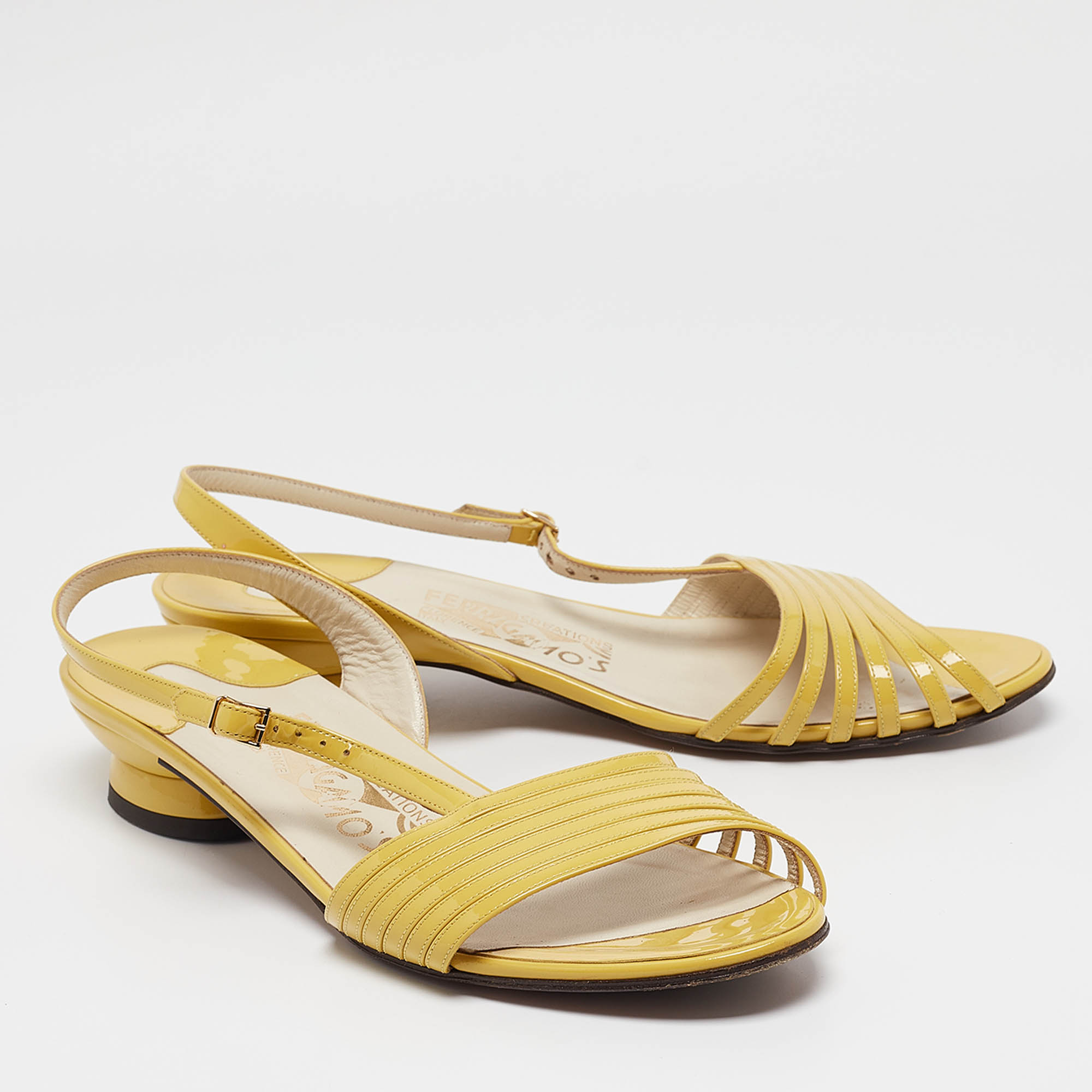 Salvatore Ferragamo Yellow Patent Leather Slingback Sandals Size 39.5