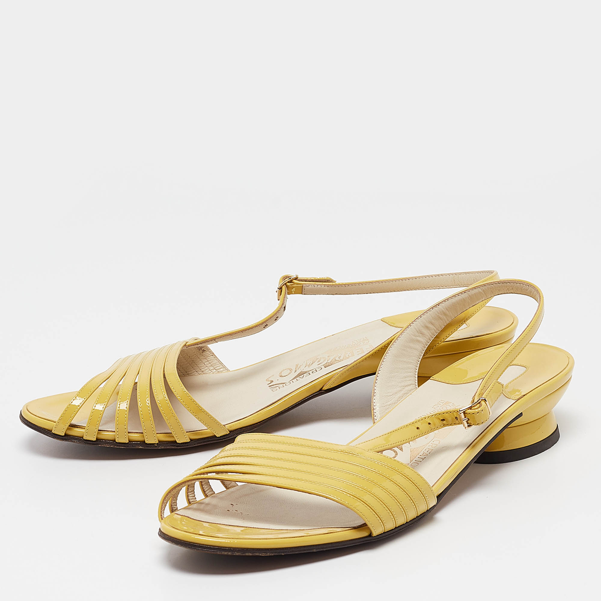 Salvatore Ferragamo Yellow Patent Leather Slingback Sandals Size 39.5