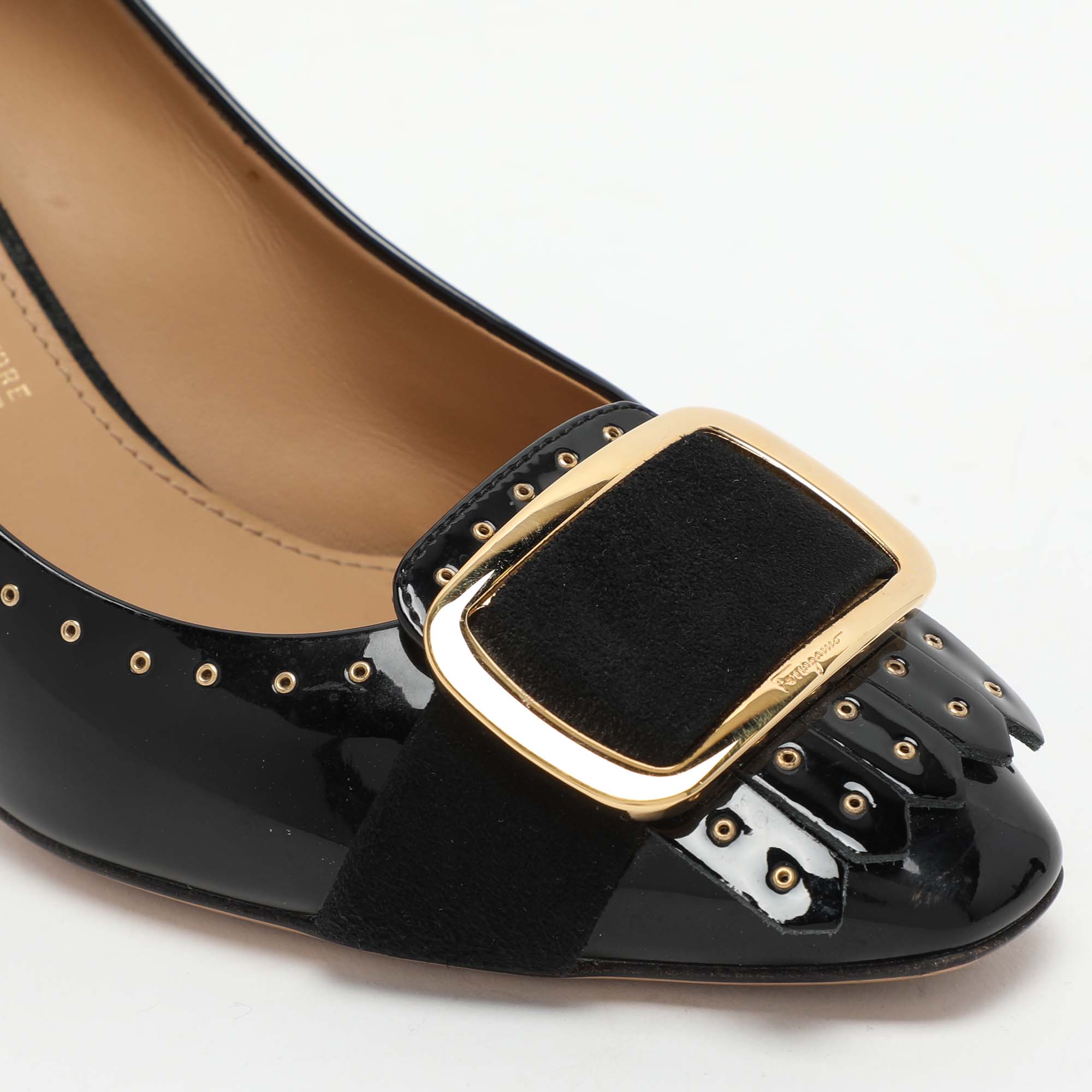 Salvatore Ferragamo Black Patent Leather Embellished Pumps Size 39.5