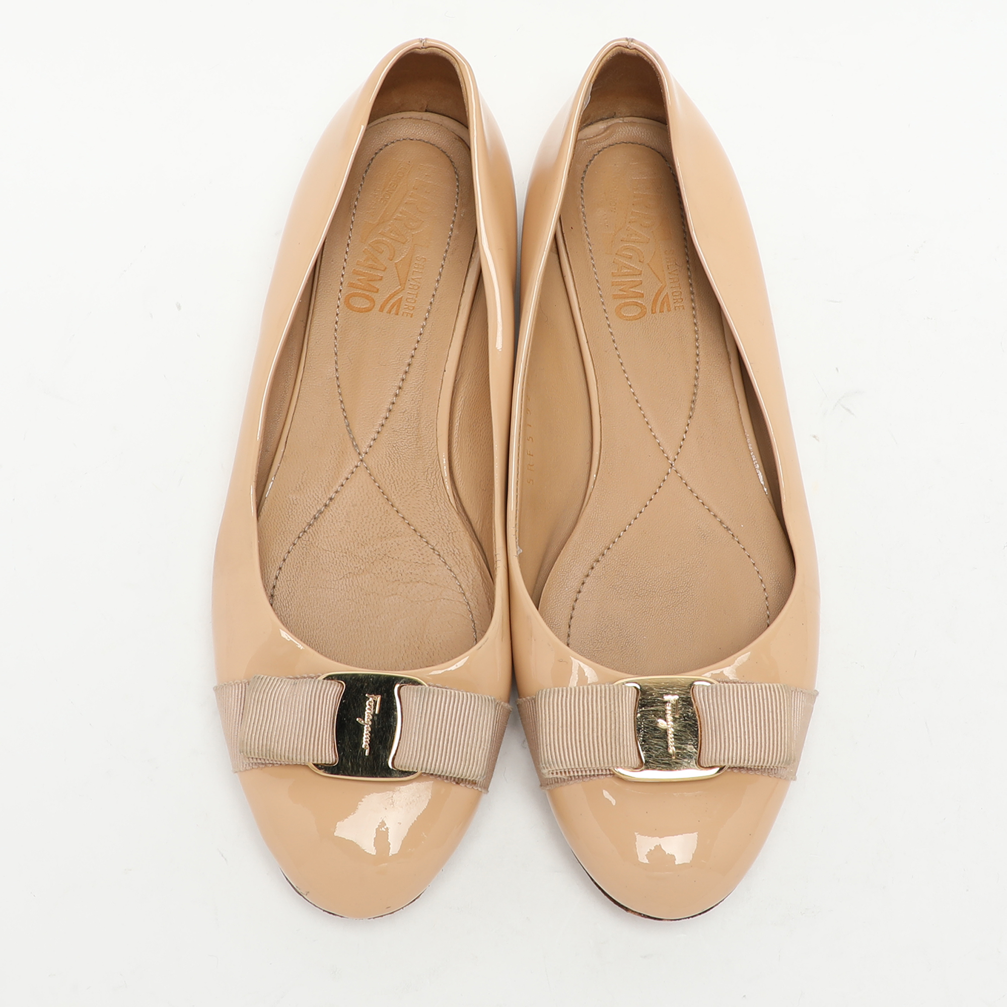 Salvatore Ferragamo Beige Patent Leather Varina Ballet Flats Size 38