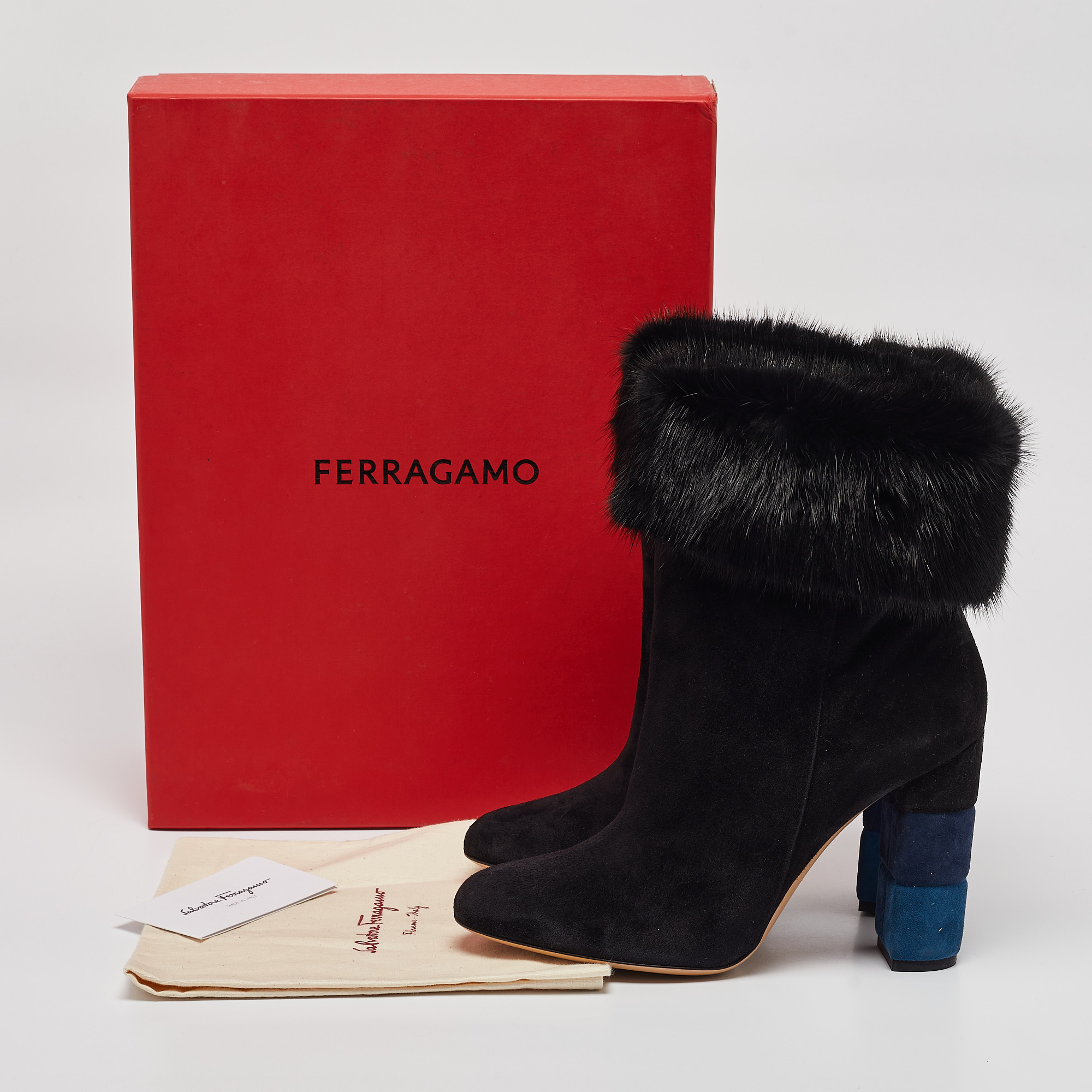 Salvatore Ferragamo Black Shearling Fur And Suede Loris Ankle Length Boots Size 40