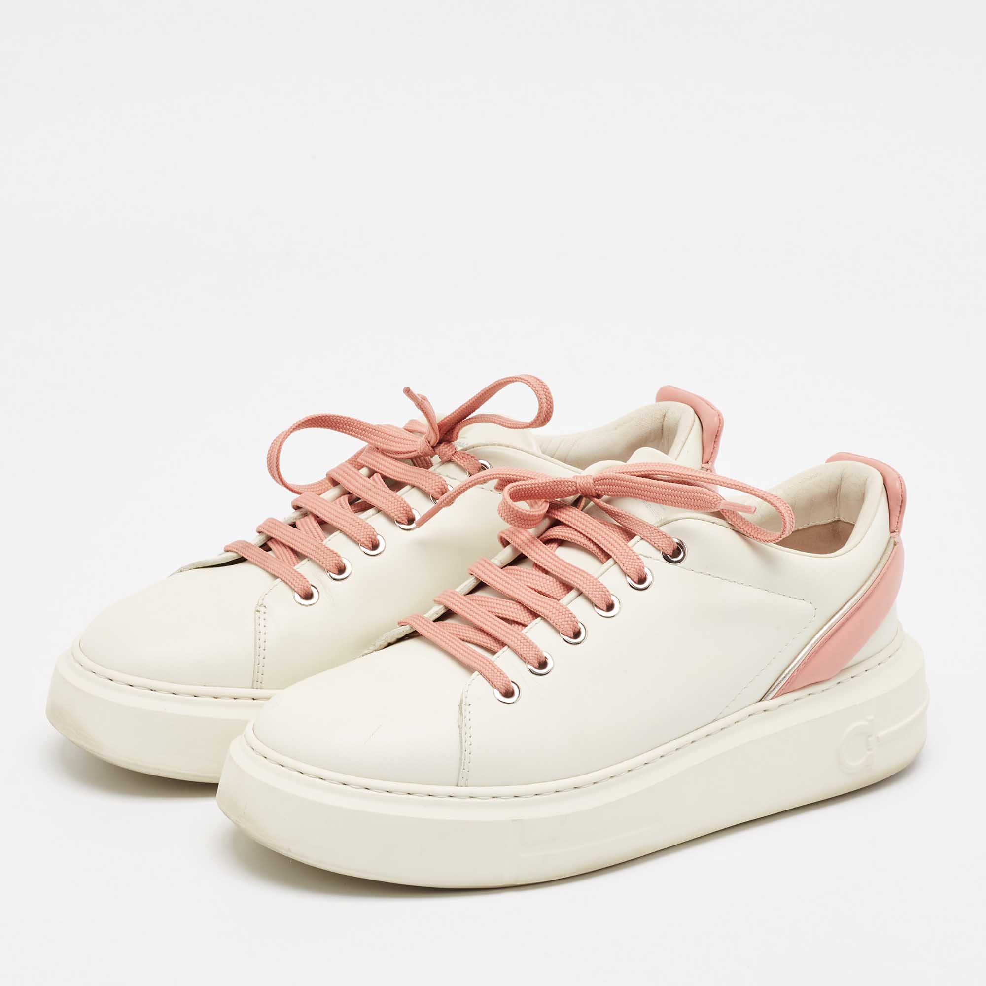 Salvatore Ferragamo Off White/Pink Leather Low Top Sneakers Size 38.5