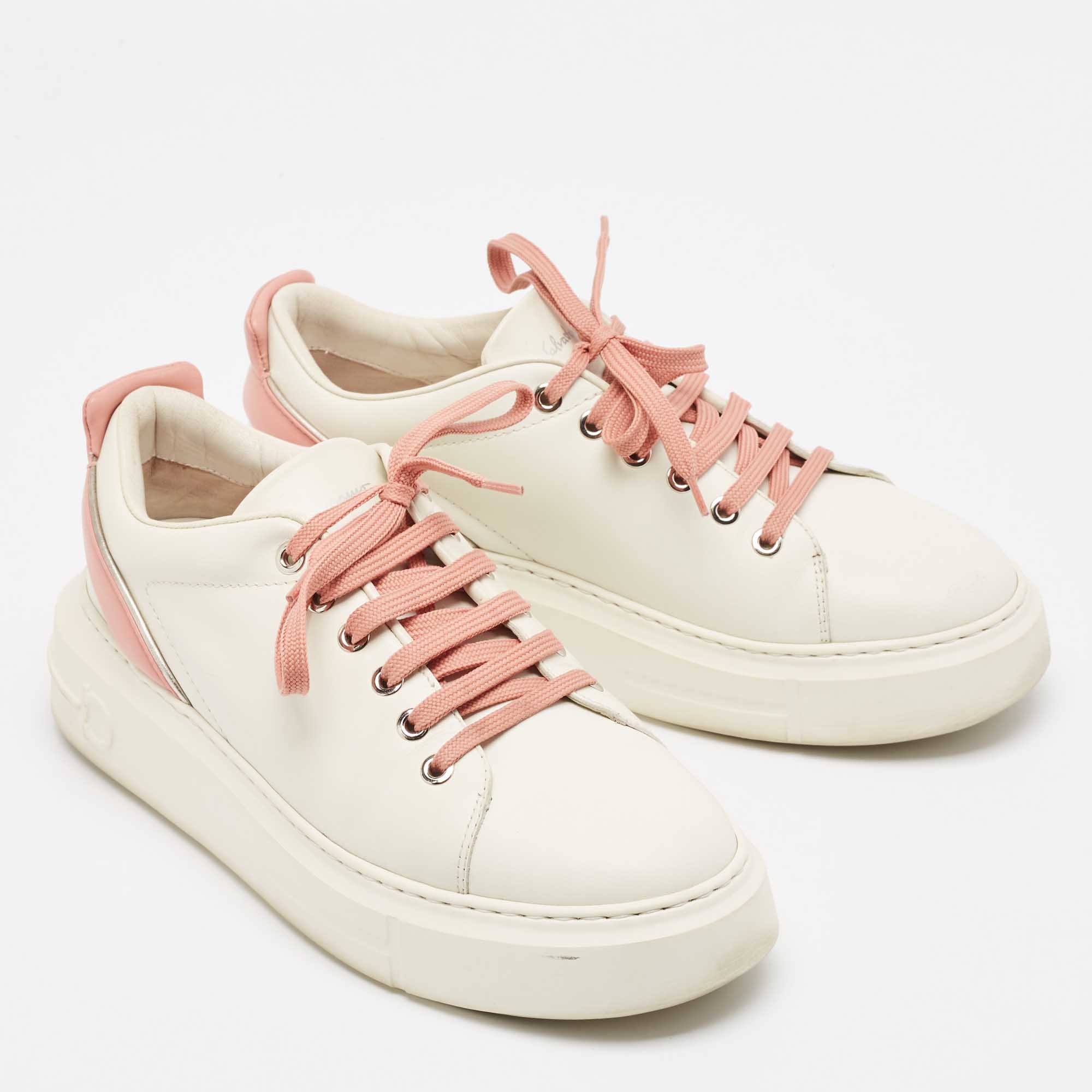 Salvatore Ferragamo Off White/Pink Leather Low Top Sneakers Size 38.5