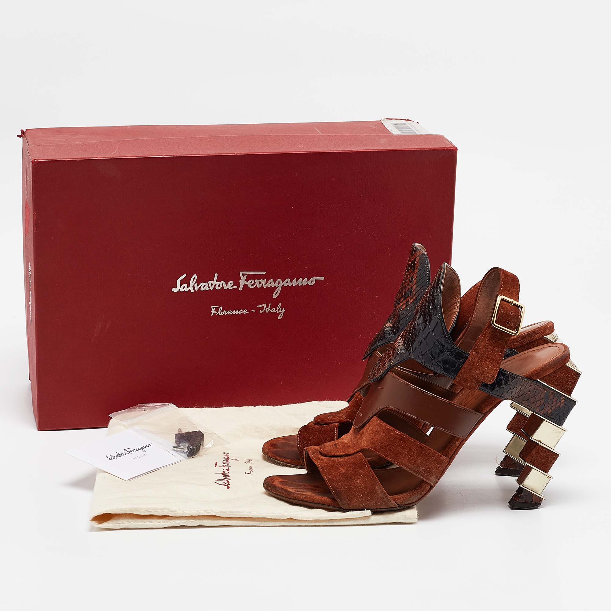 Salvatore Ferragamo Brown Python Leather And Suede Laos Ankle Strap Sandals 37.5