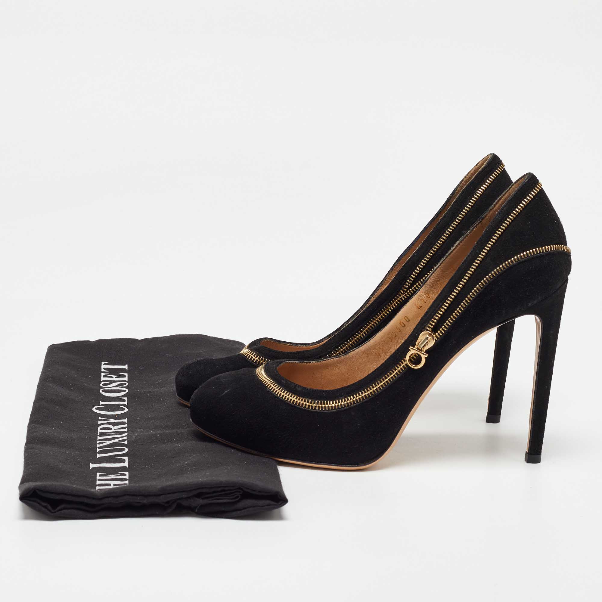 Salvatore Ferragamo Black Suede Rory Zipper Pumps Size 37.5