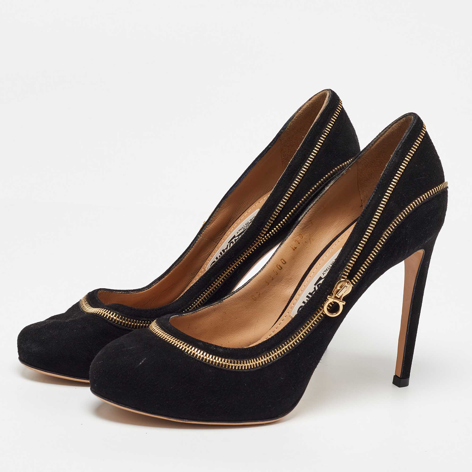 Salvatore Ferragamo Black Suede Rory Zipper Pumps Size 37.5