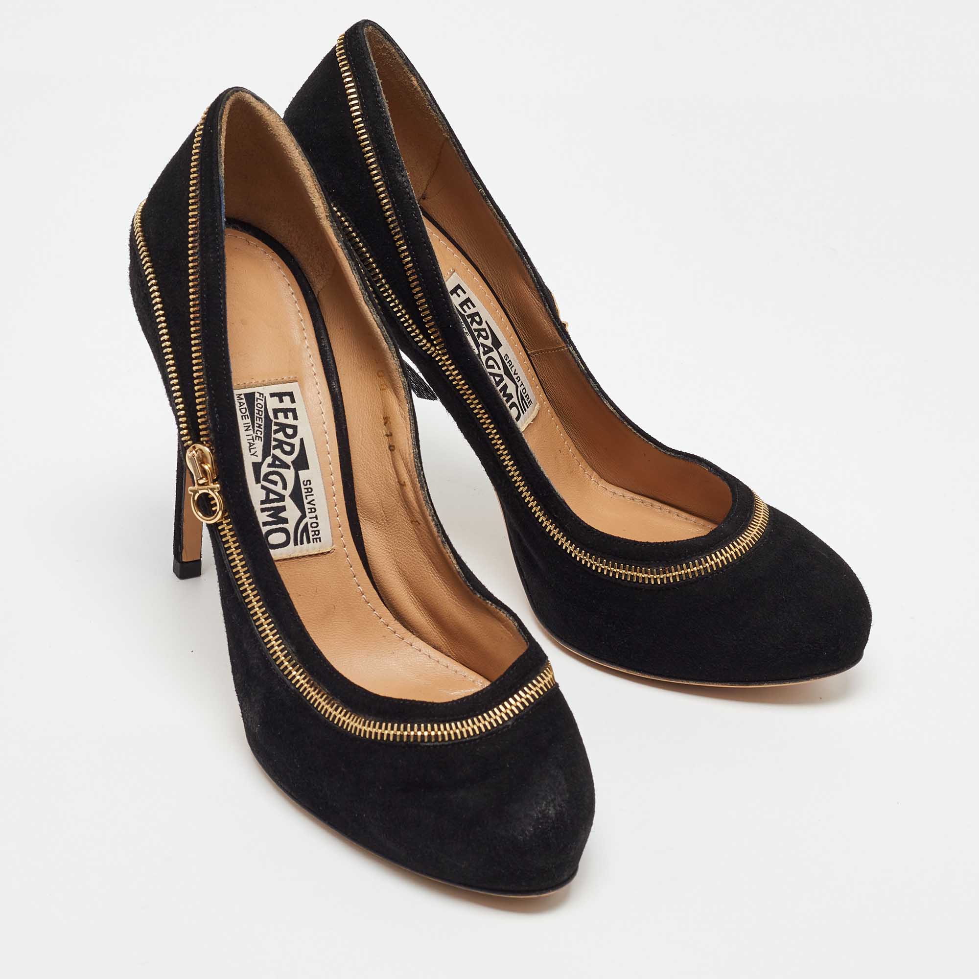 Salvatore Ferragamo Black Suede Rory Zipper Pumps Size 37.5