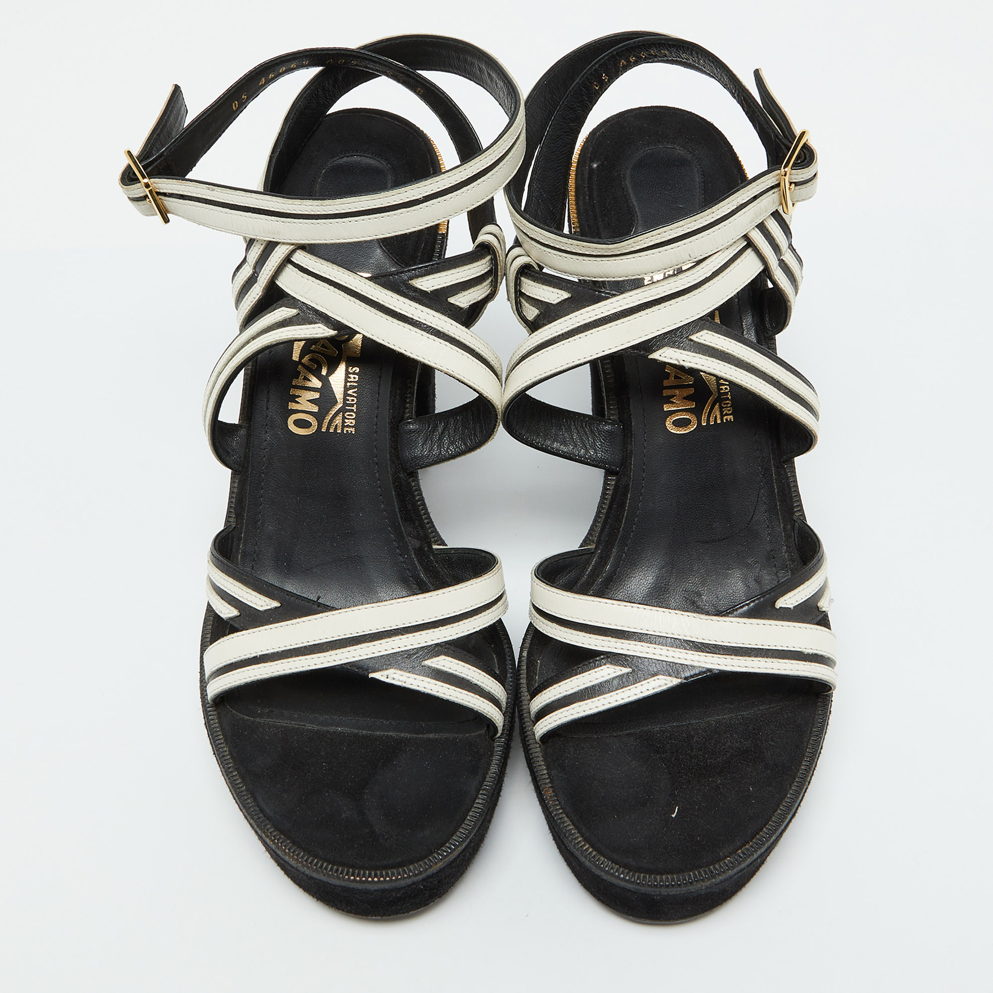 Salvatore Ferragamo White/Black Leather And Suede Ankle Strap Platform Sandals Size 40