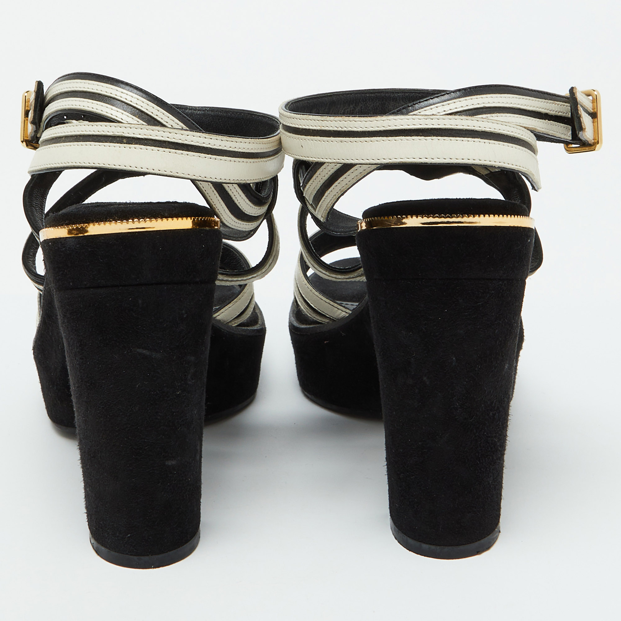 Salvatore Ferragamo White/Black Leather And Suede Ankle Strap Platform Sandals Size 40