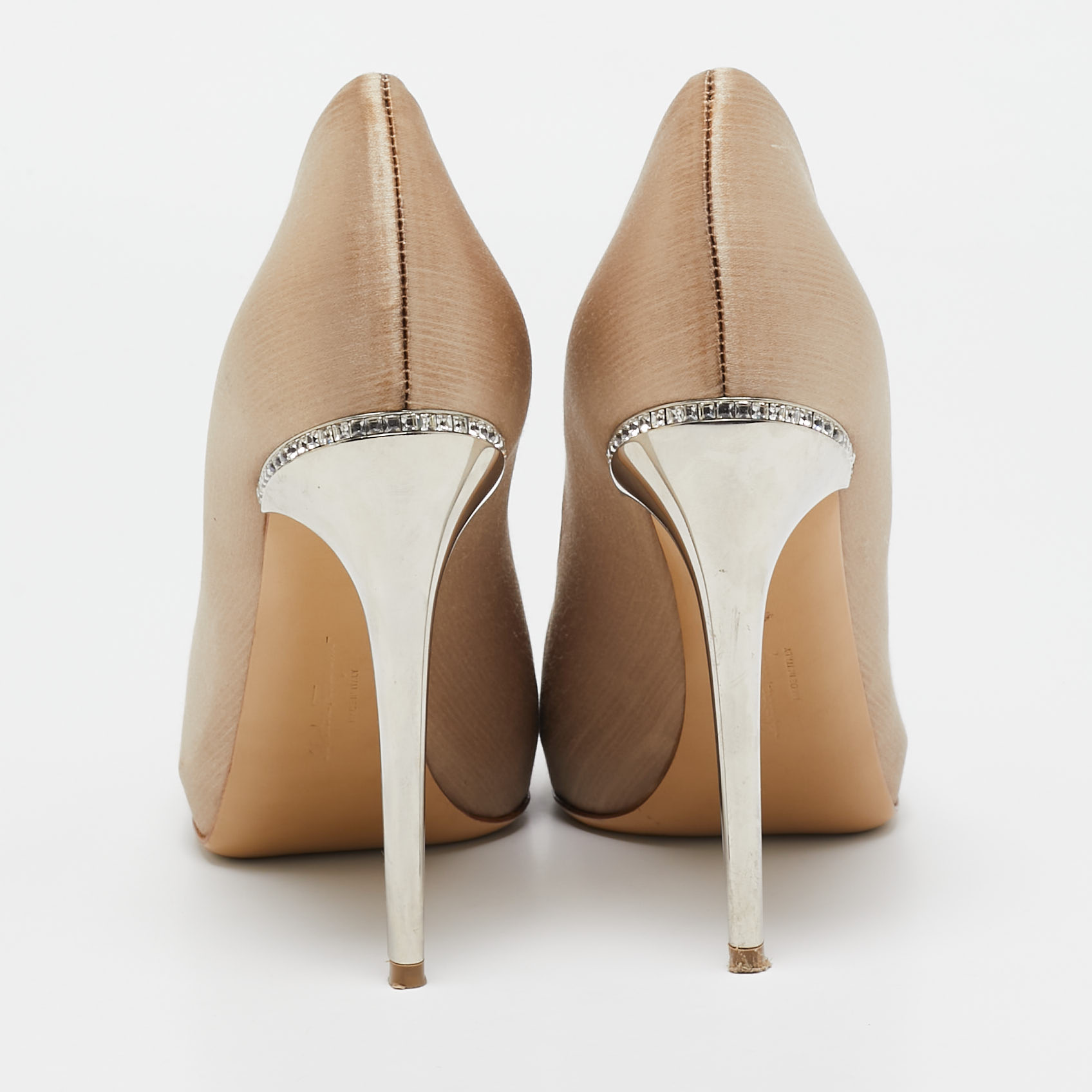 Salvatore Ferragamo Beige Satin Crystal Embellished Heel Pumps Size 37.5