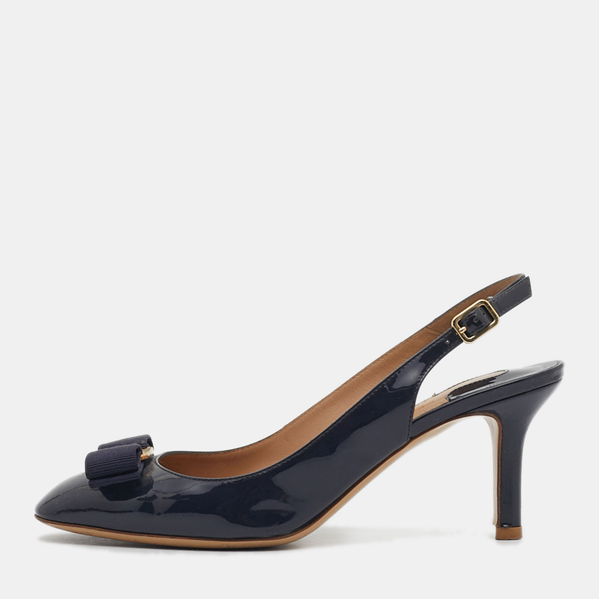 Salvatore Ferragamo Navy Blue Patent Leather Bow Slingback Pumps Size 37 - Salvatore Ferragamo - Modalova