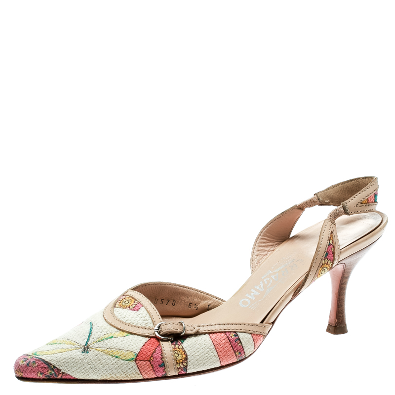 Salvatore Ferragamo Multicolor Printed Canvas And Leather Trim Pointed Toe Slingback Sandals Size 37