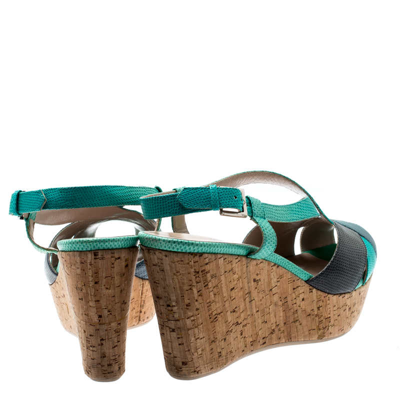 Salvatore Ferragamo Tricolor Lizard Leather Cross Strap Cork Wedge Sandals Size 41