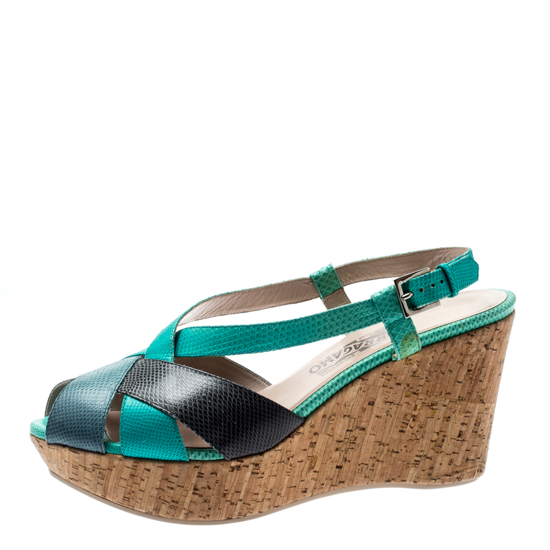 

Salvatore Ferragamo Tricolor Lizard Leather Cross Strap Cork Wedge Sandals Size, Green