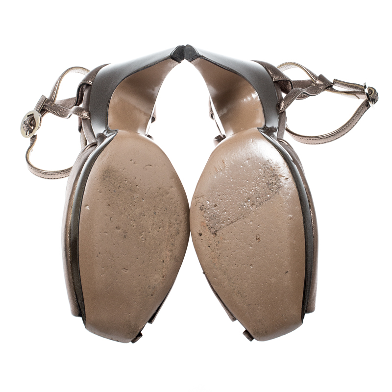 Salvatore Ferragamo Metallic Bronze Leather Ankle Strap Sandals Size 37.5