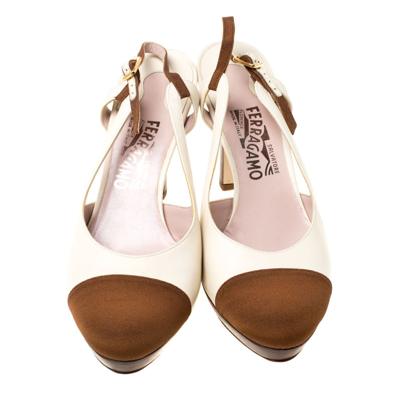 Salvatore Ferragamo White Leather And Brown Canvas Slingback Platform Sandals Size 39.5
