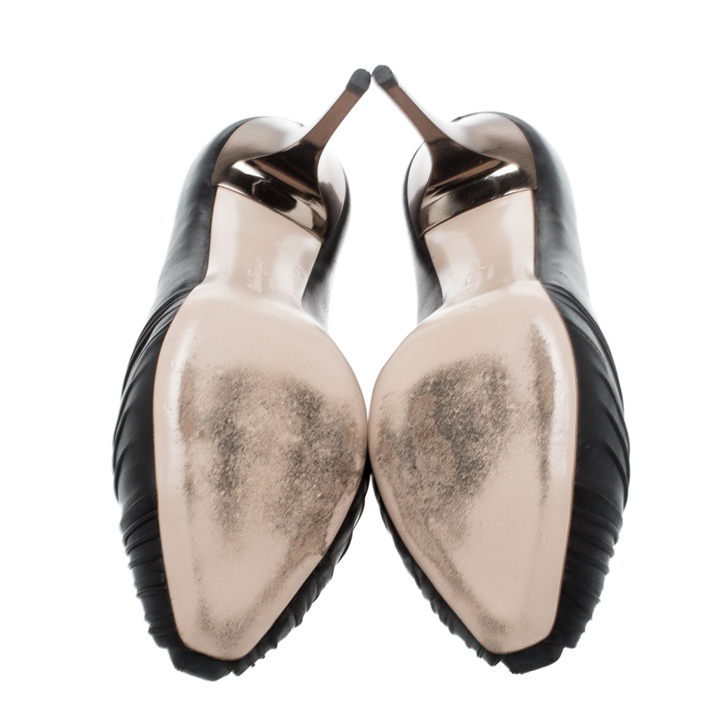 Salvatore Ferragamo Black Pleated Leather Peep Toe Pumps Size 37