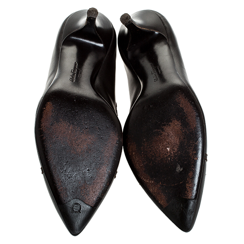 Salvatore Ferragamo Dark Brown Leather Bow Kitten Heel Pumps Size 38.5