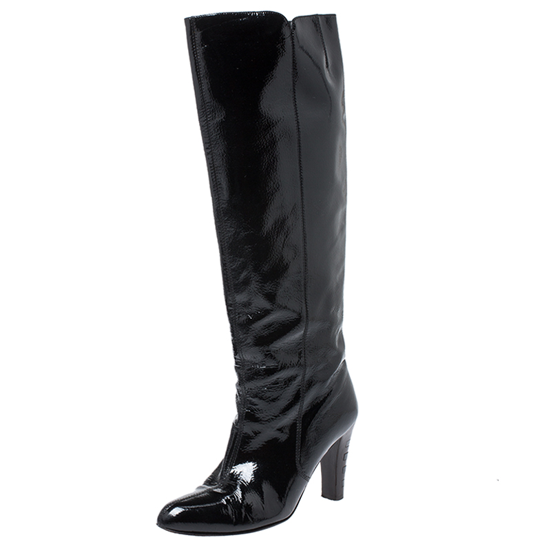 Salvatore Ferragamo Black Patent Leather Knee Length Boots Size 38
