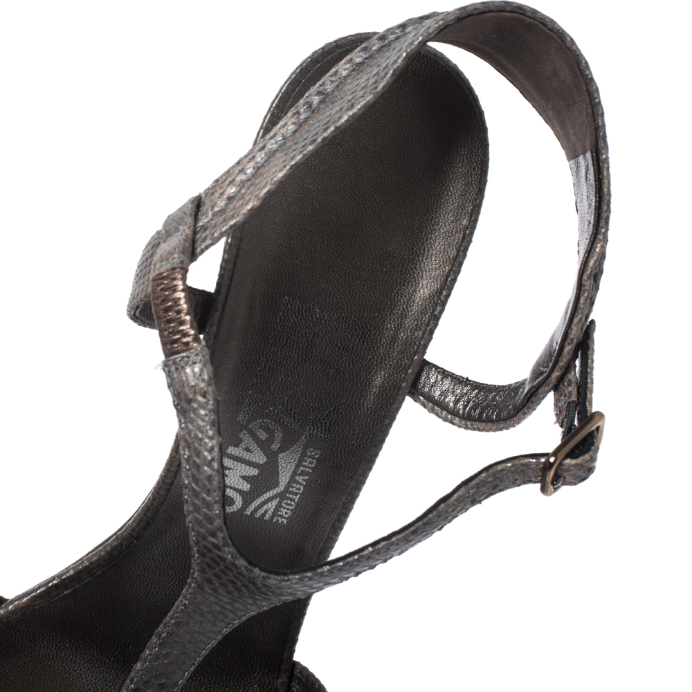 Salvatore Ferragamo Metallic Grey Snake Embossed Leather Linda Sandals Size 40.5