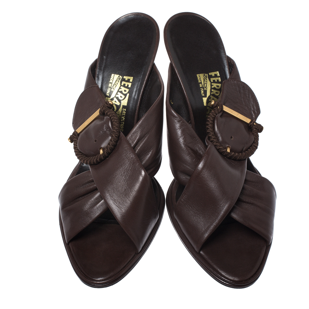 Salvatore Ferragamo Dark Brown Leather Criss Cross Buckle Sandals Size 41