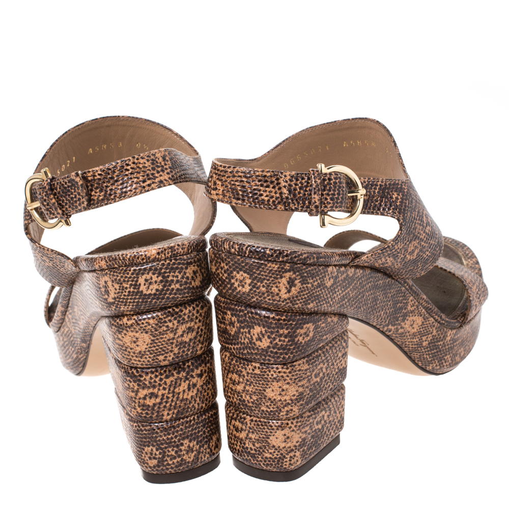 Salvatore Ferragamo Black/Peach Snakeskin Embossed Leather Madrina Platform Sandals Size 39