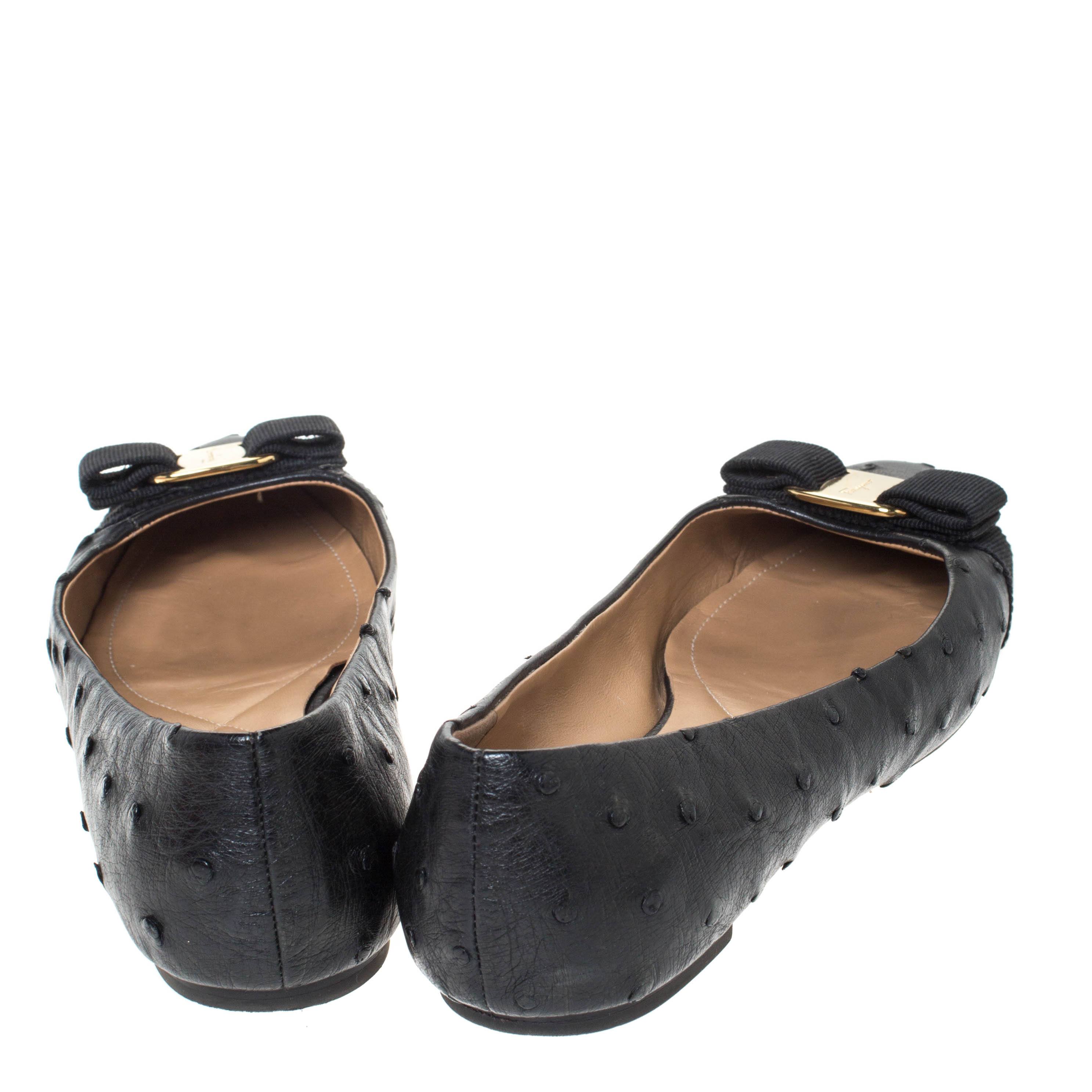 Salvatore Ferragamo Black Ostrich Leather Varina Ballet Flats Size 38.5
