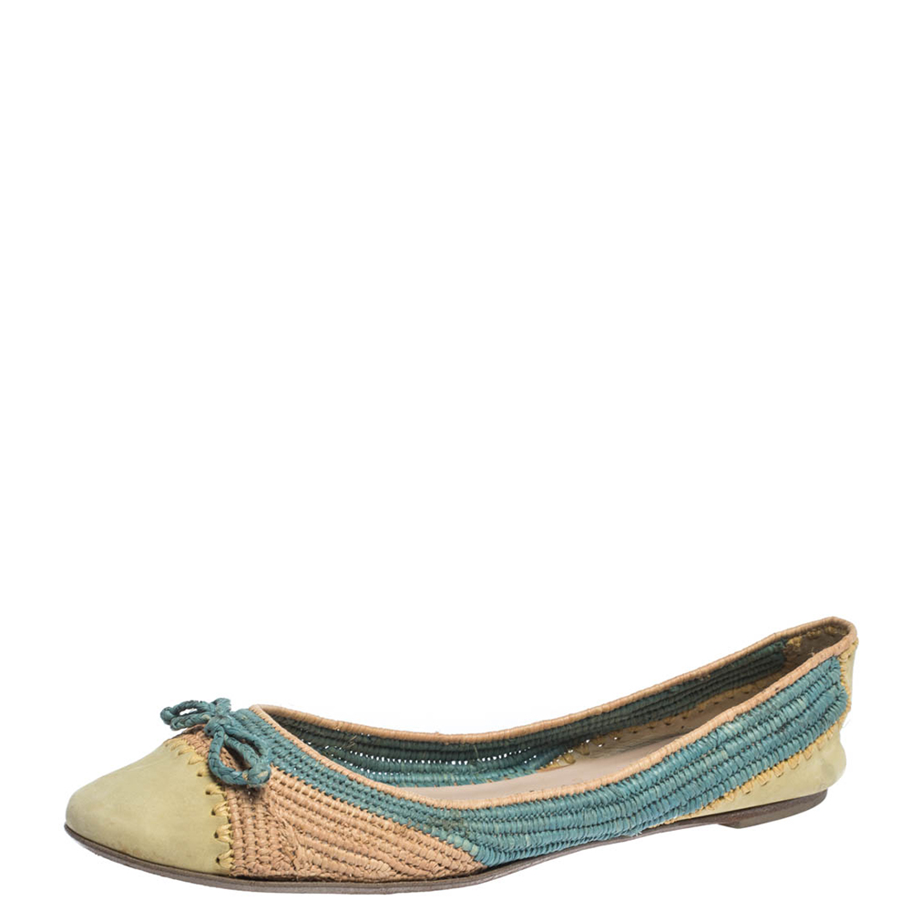 Salvatore ferragamo tricolor raffia and nubuck leather bow ballet flats size 38.5