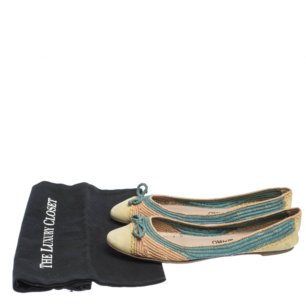 Salvatore Ferragamo Tricolor Raffia And Nubuck Leather Bow Ballet Flats Size 38.5
