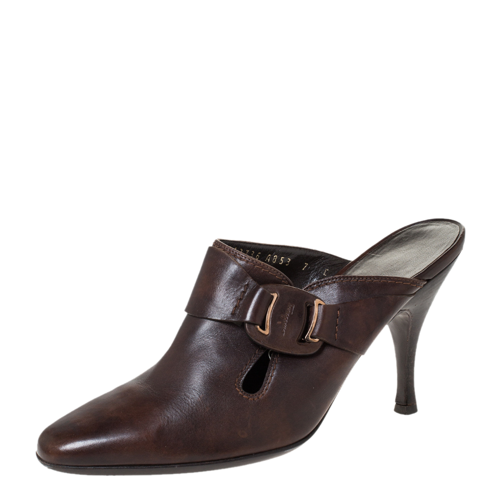 Salvatore Ferragamo Brown Leather Mule Sandals Size 37.5