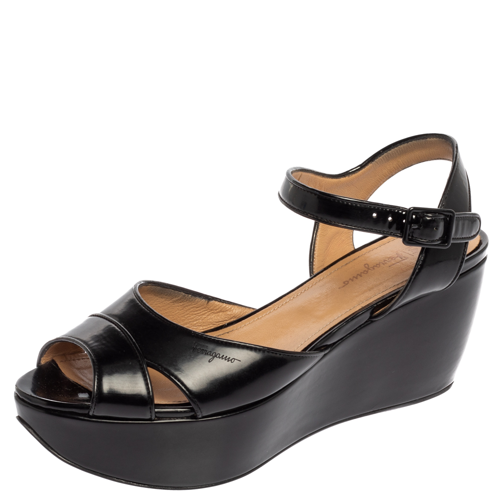 Salvatore Ferragamo Black Leather Wedge Platform Ankle Strap Sandals Size 39
