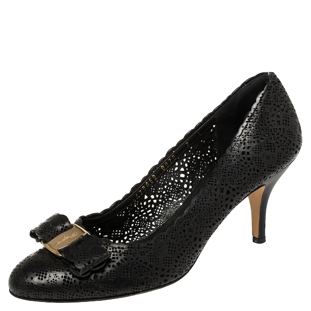 Salvatore Ferragamo Black Perforated Leather Vara Lace Bow Pumps Size 37.5