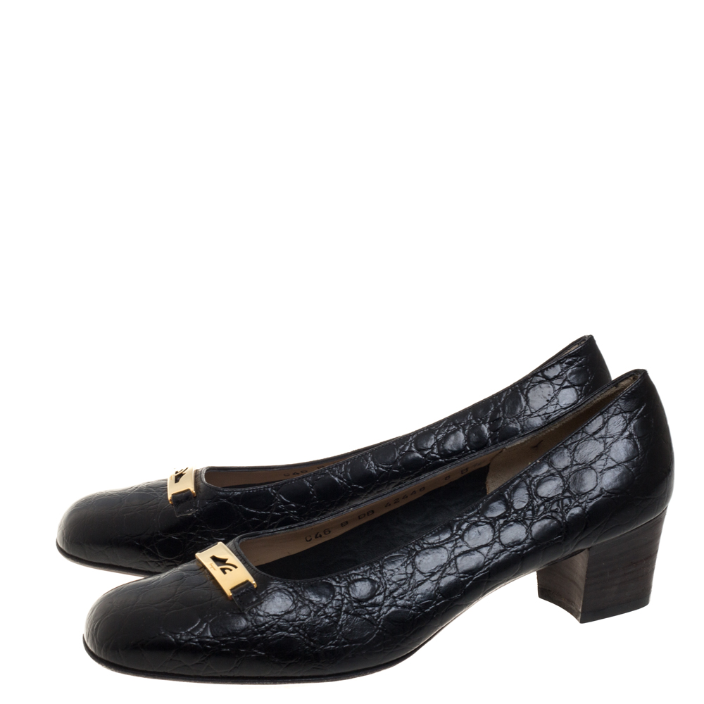 Salvatore Ferragamo Vintage Black Croc Embossed Leather Embellished Pumps Size 38.5