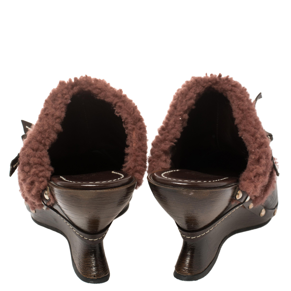 Salvatore Ferragamo Brown Leather And Faux Fur Studded Clog Mules Size 38.5