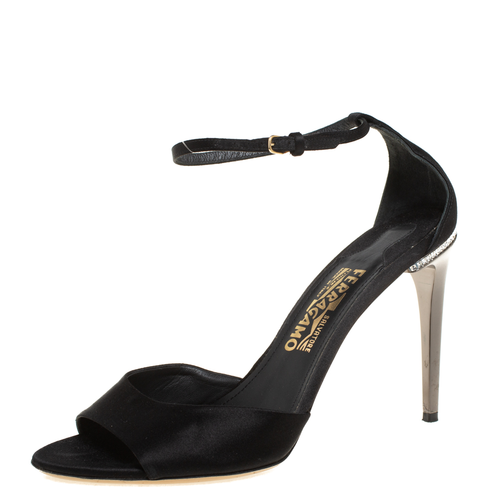 Salvatore ferragamo black satin embellished heel ankle strap sandals size 40