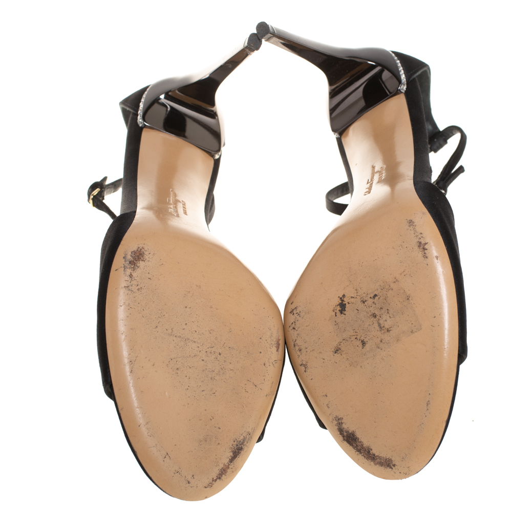 Salvatore Ferragamo Black Satin Embellished Heel Ankle Strap Sandals Size 40