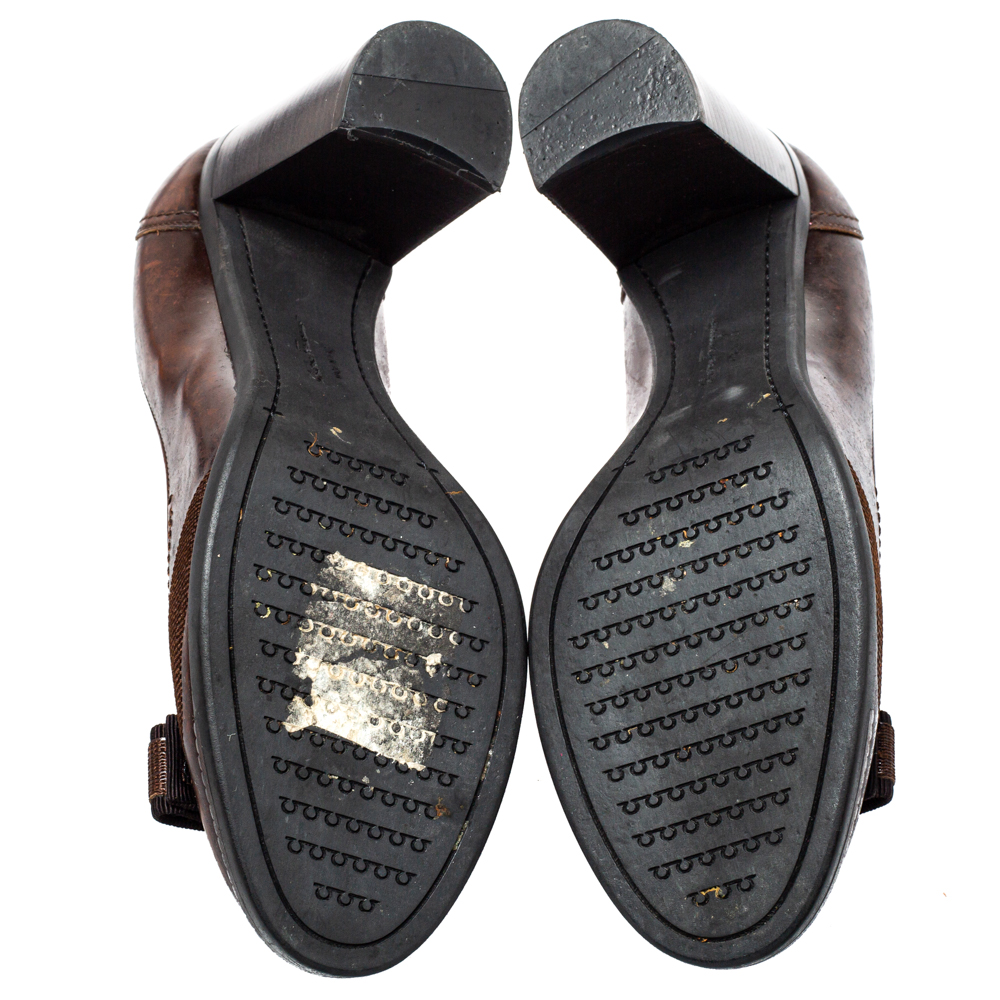 Salvatore Ferragamo Brown Leather Vara Bow Block Heels Pumps Size 38
