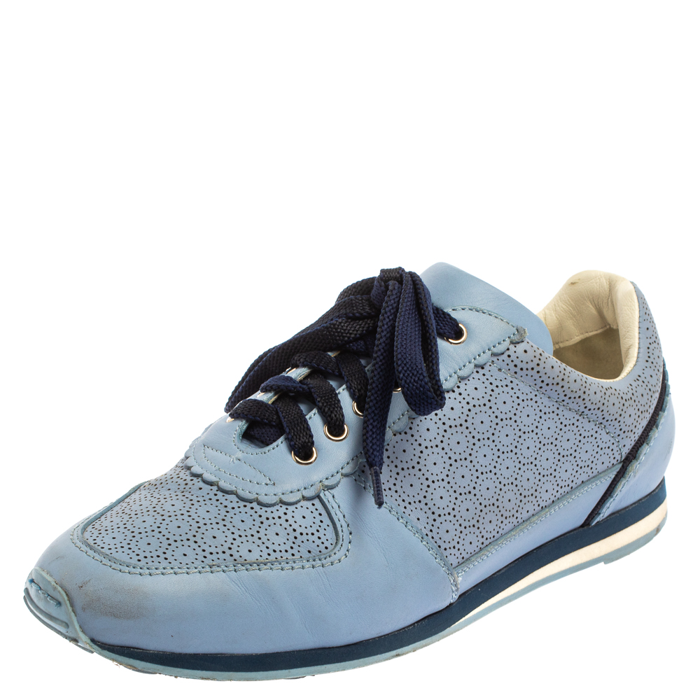 Salvatore Ferragamo Blue Perforated Leather Sneakers Size 36.5