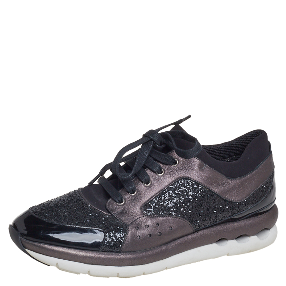 Salvatore Ferragamo Black/Metallic Grey Glitter And Leather Low Top Sneakers Size 39