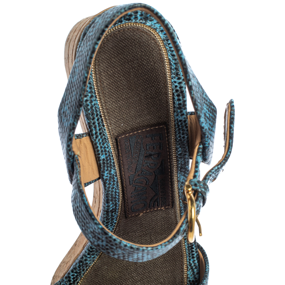 Salvatore Ferragamo Blue Lizard Embossed Leather Madea Cork Wedge Sandals Size 35.5