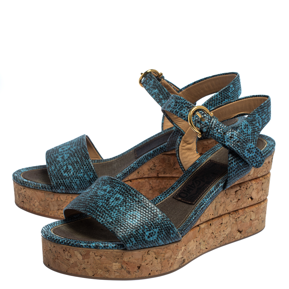 Salvatore Ferragamo Blue Lizard Embossed Leather Madea Cork Wedge Sandals Size 35.5