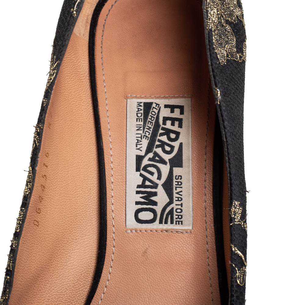 Salvatore Ferragamo Black Brocade Peep Toe Bow Pumps Size 40.5