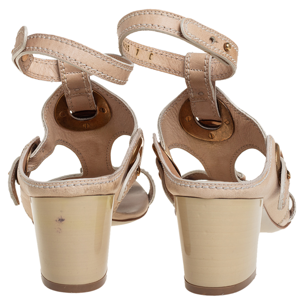 Salvatore Ferragamo Beige Leather Block Heel Ankle Strap Sandals Size 37.5