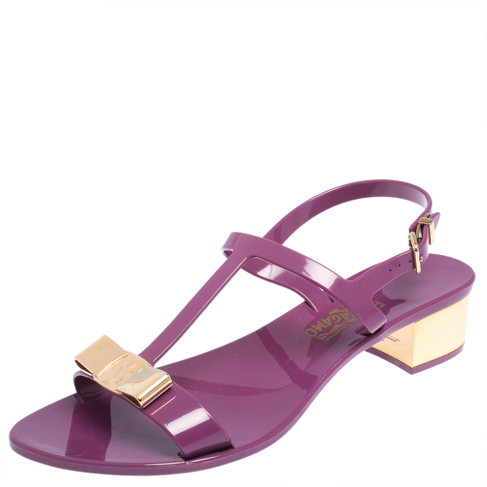 Salvatore Ferragamo Purple Jelly Favilia Bow Ankle Strap Sandals Size 36.5