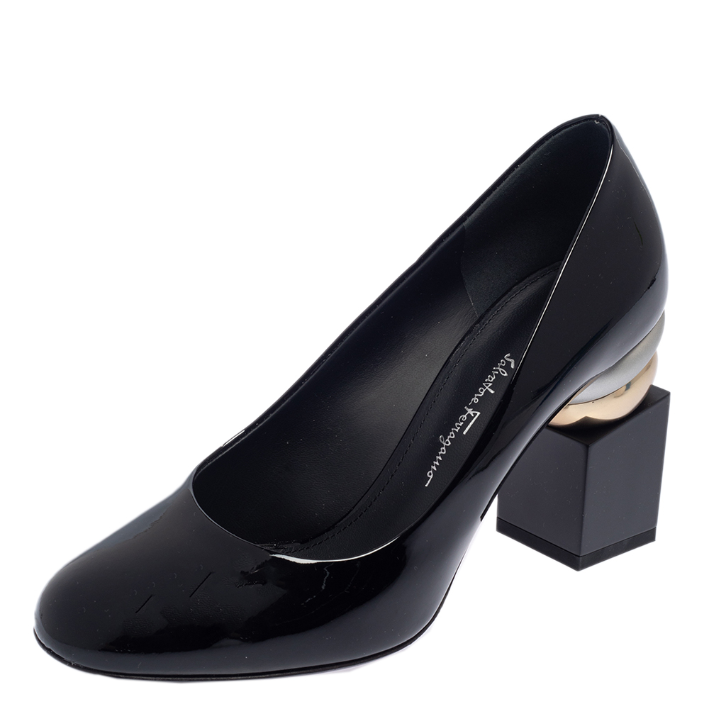 Salvatore Ferragamo Black Patent Leather Lilian Round Toe Pumps Size 37.5