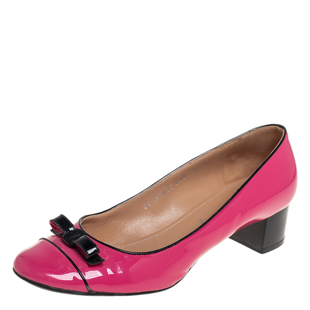 Salvatore Ferragamo Pink Patent Leather Bow Cap Toe Pumps Size 39.5