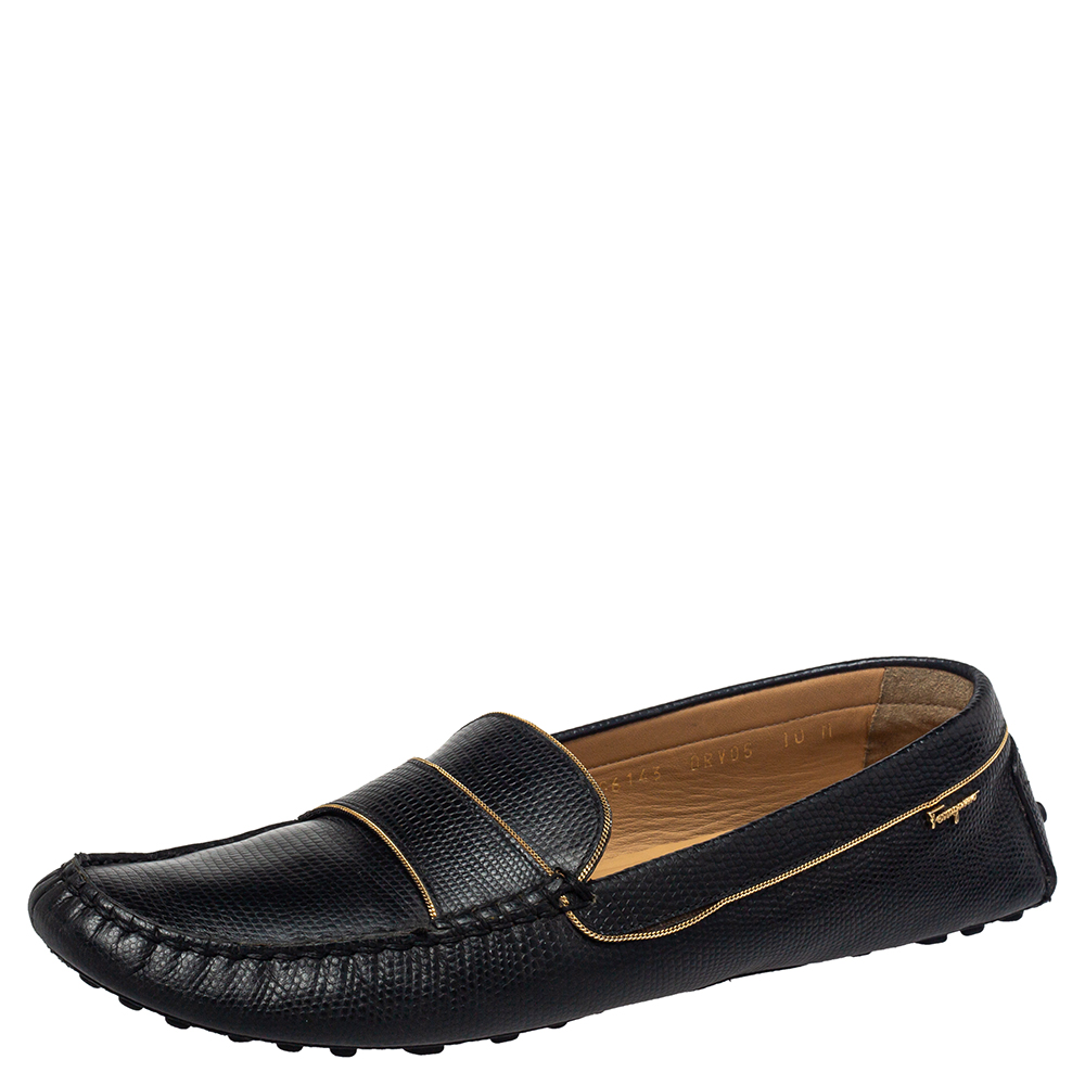 Salvatore Ferragamo Black Lizard Embossed Leather Slip On Loafers Size 40.5