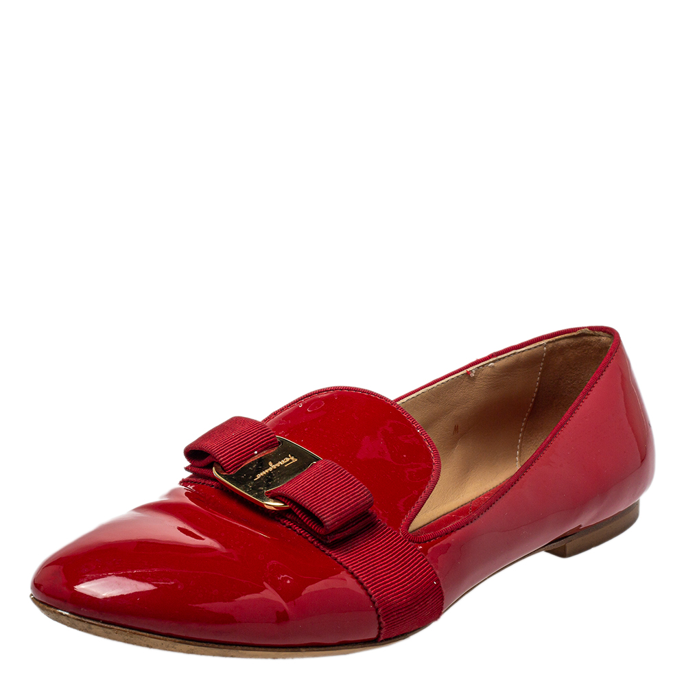 Salvatore Ferragamo Red Patent Leather Bow Loafers Size 39.5