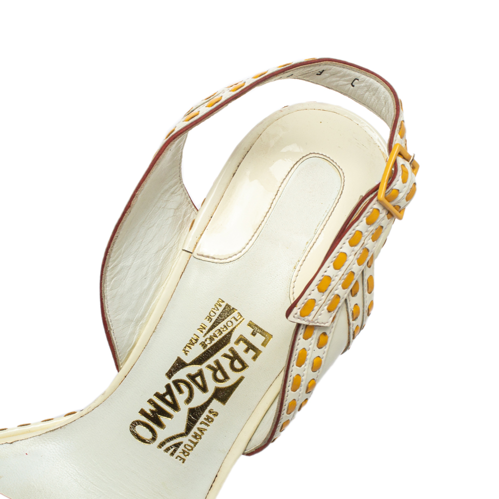 Salvatore Ferragamo Orange/White Patent And Leather Slingback Sandals Size 39.5
