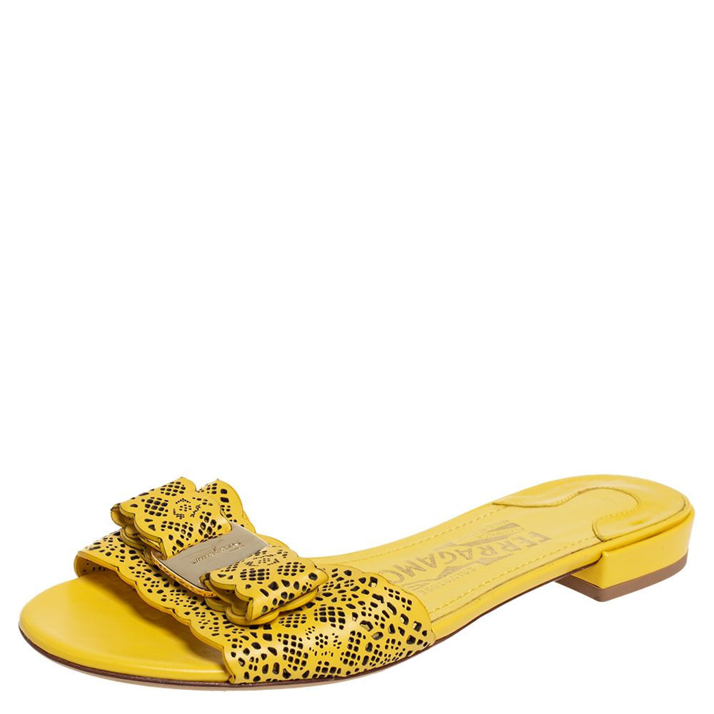 Salvatore Ferragamo Yellow Laser Cut Leather Gil Flat Slide Sandals Size 35